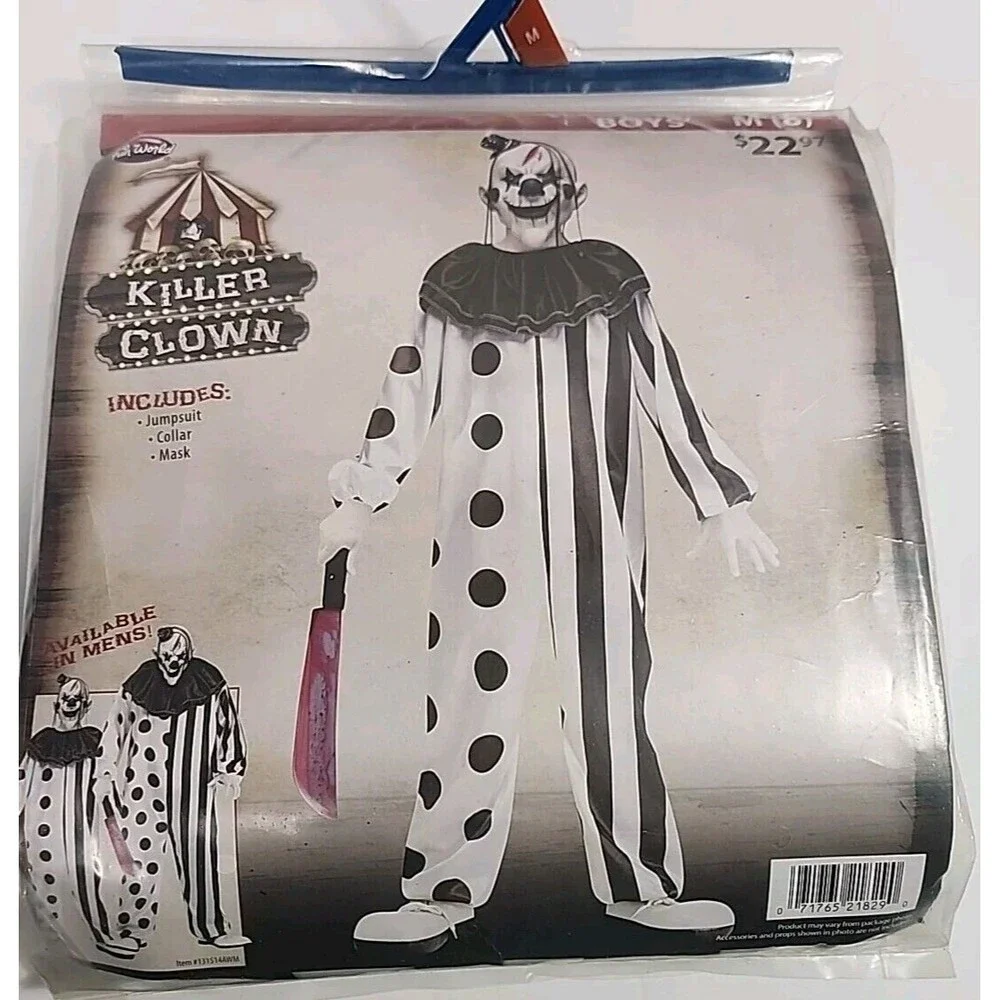 Boys/Girls' M (8) Killer Clown Halloween Costume Complete Black & White NEW!